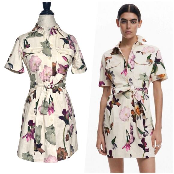 Desigual Dresses & Skirts - Desigual | Women | Cream Floral Spring Utility Belted Mini Shirt Dress | Medium